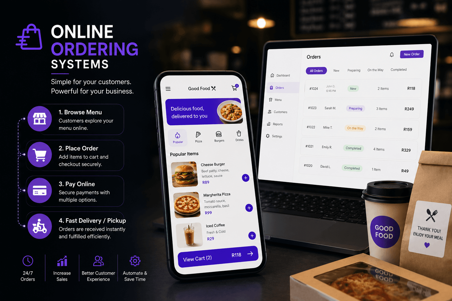 Online ordering interface shown on a phone and laptop